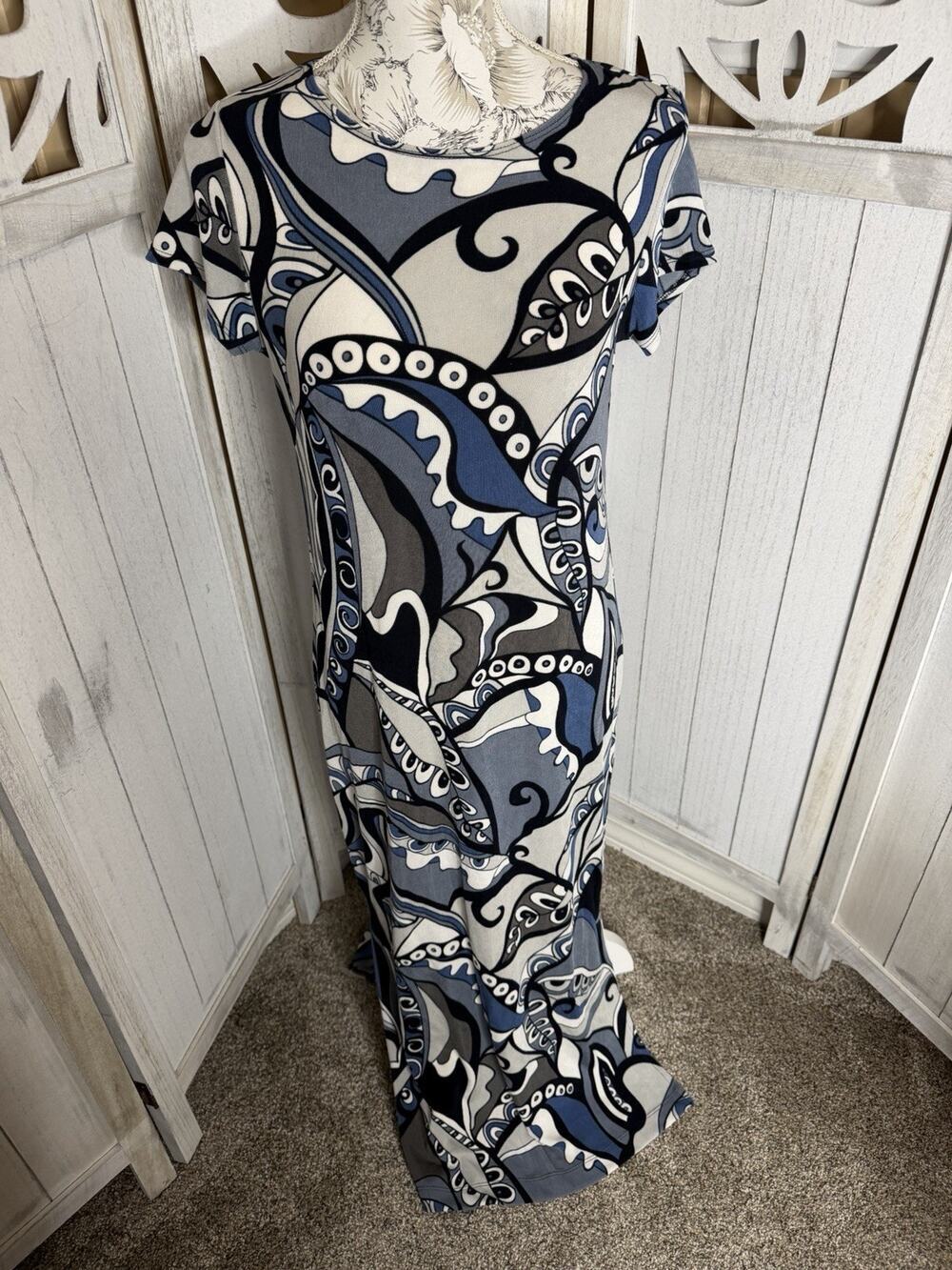 Chico’s Travelers Geometric Stretch Blue Cream Bodycon Double Slit Size (0) 4/6